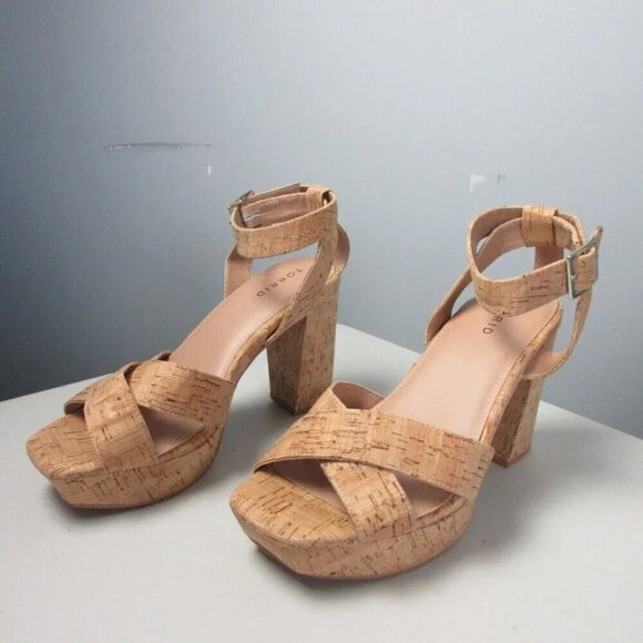 Torrid Womens Nat Cork Platform Heels 9 W W Strappy Block Sandals Shoes 902 - Picture 1 of 13